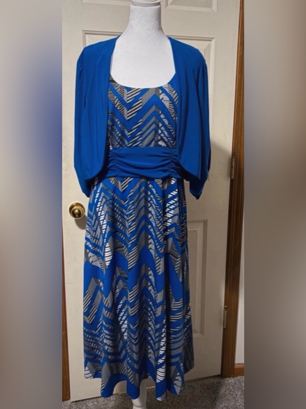 Perception New York Blue Chevron Printed Women's Dress & Cardigan Set Sz L 👗☝🏻😍